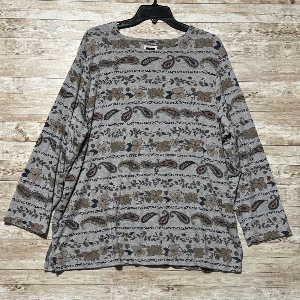 Vintage C.S.T. Sport Gray Long Sleeve Blouse Sz 2X Paisley Floral Round Neck